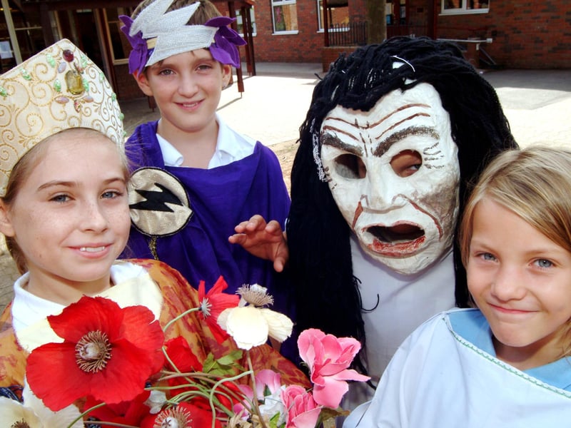 St Edmund's Primary School pupils take part in a Greek Theatre Day and pictured, from left, are Shannon McDonald as Hera, Jaidon Brazier as Zeus, Ashley Clay as a Greek Theatre Face and Amber Mackay as an orchestra member.