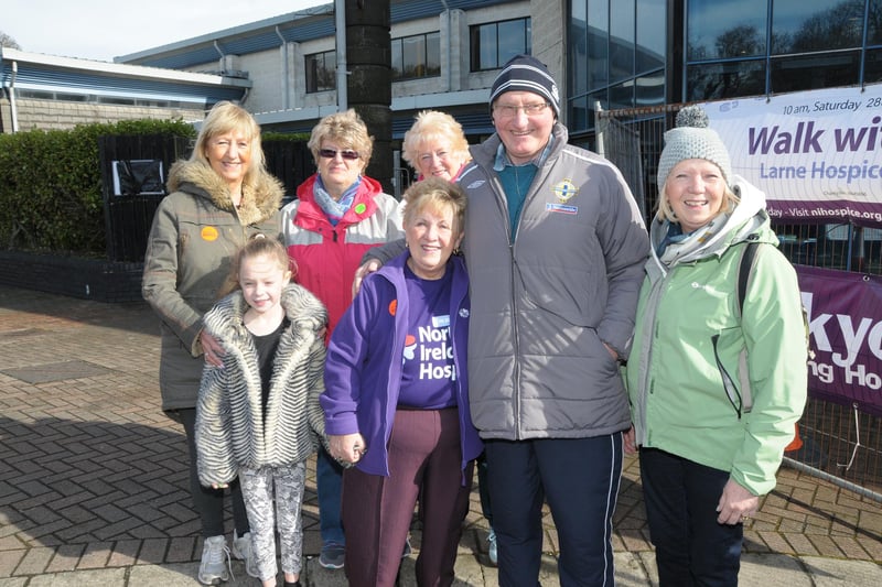 Beatrice Ferguson, Maureen Johnston, Rosalie Lyttle and Edwin McKinney with Olivia Nash at Larne's Hospice Walk in 2015. INLT 13-226-AM