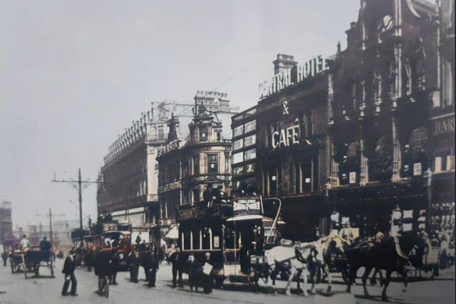 Horse drawn trams on High Street in 1900. Many of the buildings were lost in the Blitz