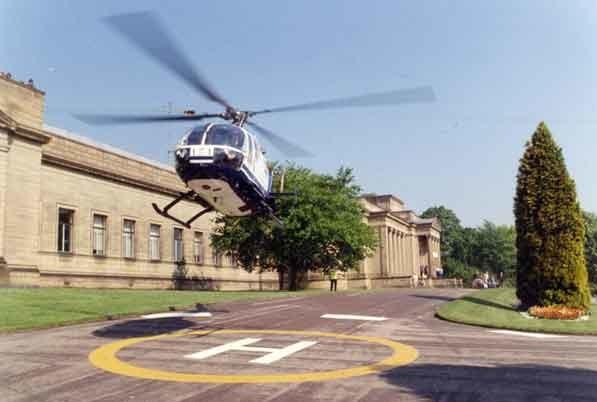 A helicopter landing at the front of the Weston Park Museum, 1994 (S42075)