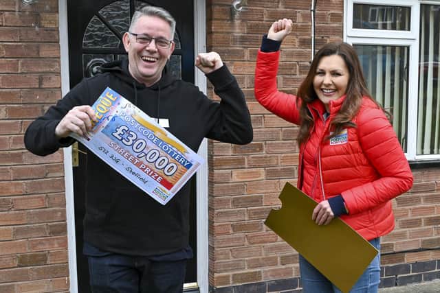 Judie McCourt meets People's Postcode Lottery Street Prize Winner Andrew Lucas at his home in Sheffield.    Pictures copyright ©Darren Casey / PPL