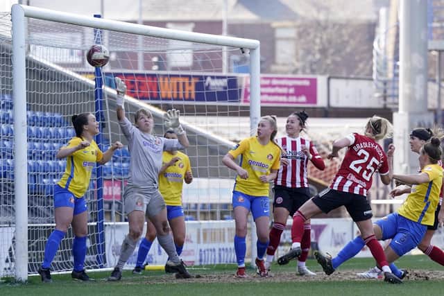 Sophie Bradley-Auckland scores her first goal for the Blades during the The FA Women's Championship match against Sunderland at the Technique Stadium, Chesterfield.