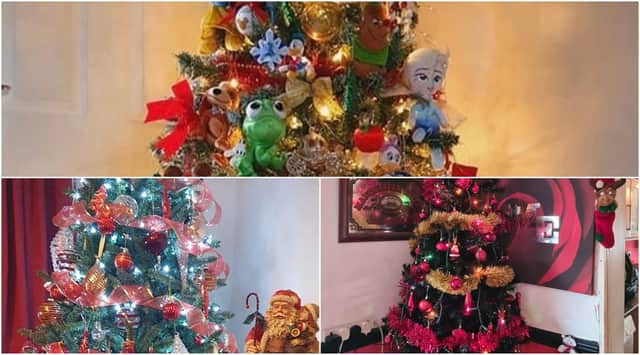 Disney characters on Lucy Siddall's tree (top). Michelle Albans' hot pink decorations (right) and Karen Williamson's red and gold themed decorations (left).