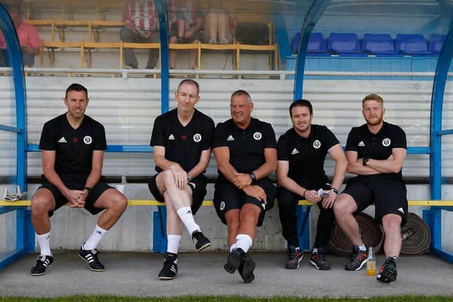 Left to right: Darren Ward, Alan Knill, Paul Mitchell, Mike Allen and Matt Prestridge - Knill, Allen and Prestridge have all gone to Middlesbrough with Chris Wilder