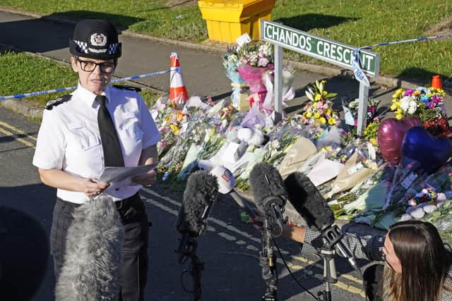 Chief Constable Rachel Swann delivers a statement at the scene in Chandos Crescent, Killamarsh, near Sheffield, where three children and a woman were found dead at a house on Sunday (pic: Danny Lawson/PA Wire)