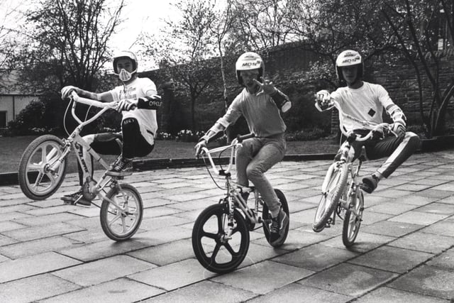 BMX bikers at the Community Festival Fair at the YMCA April 20 1985 L to R Rob Varney, Stuart Horner and Martin Bernstein.....
