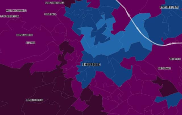 An interactive map showing how the Covid case rate varies across Sheffield. The darker the colour, the higher the case rate in that neighbourhood (pic: UK Coronavirus Dashboard)