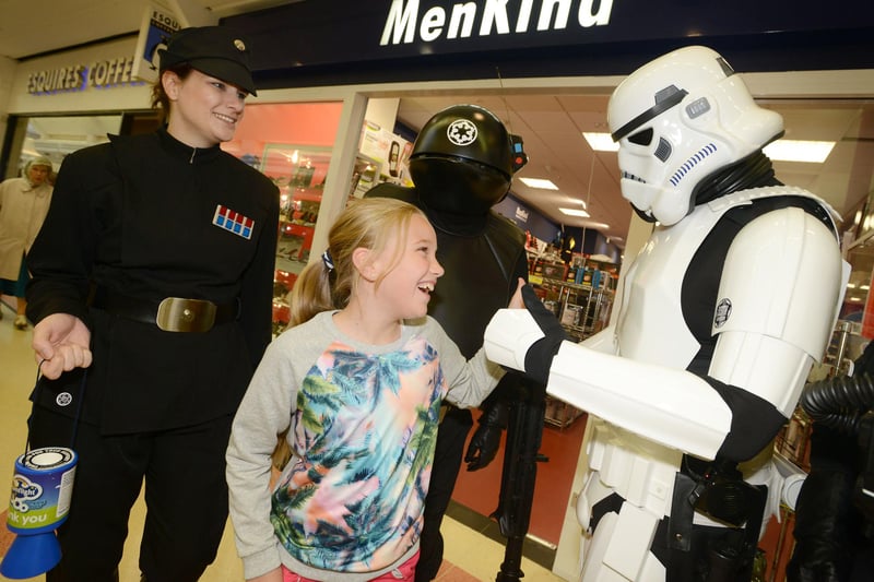 Ten year old Edileigh Hall meets Star Wars characters outside Menkind in The Bridges as part of a fundraiser for the Dream Flight charity in 2014.