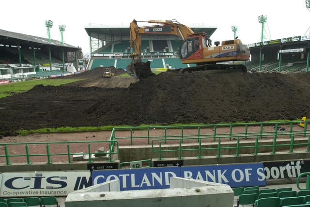 The bulldozers and earth removers were called in to level HIberian FC's Easter Road pitch after years of a sloping surface, 10 May 2000.
