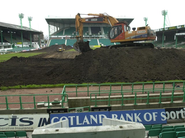 The bulldozers and earth removers were called in to level HIberian FC's Easter Road pitch after years of a sloping surface, 10 May 2000.