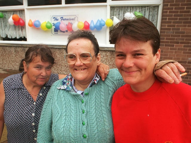 Launch of the Festival Centre at the Former Furnival Pub, l to r: Helpers, Pat Alhakab, Shirley Dehaney and Josie Stocks outside The Furnival, Burngreave in 1997