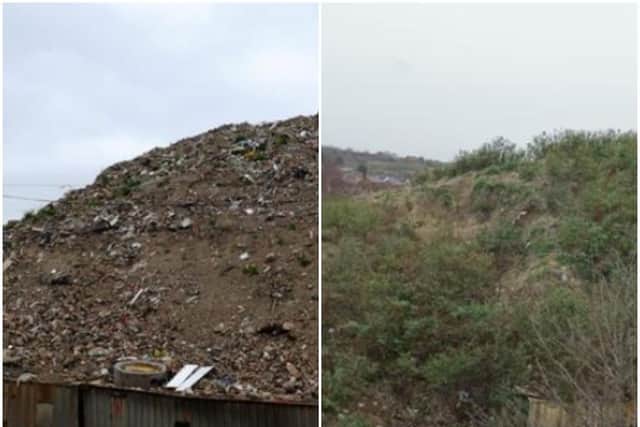 The trash mountain pictured in 2016 (left), and today, demonstrating how it has begun to be overtaken with weeds in the four years it has been left to rot