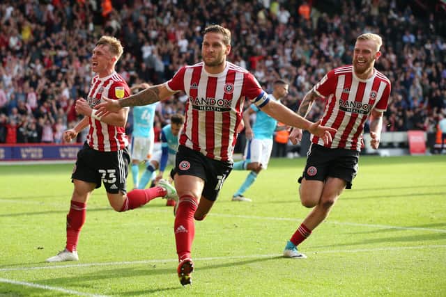 Sheffield, England, 25th September 2021. Billy Sharp of Sheffield Utd celebrates his goal  during the Sky Bet Championship match at Bramall Lane, Sheffield. Picture credit should read: Alistair Langham / Sportimage