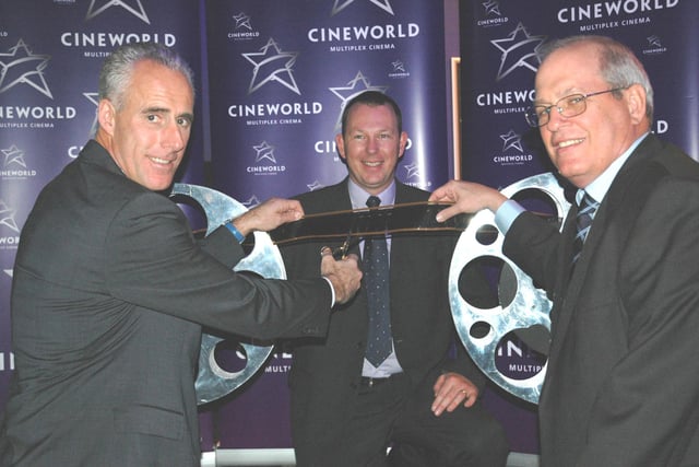 Sunderland manager Mick McCarthy officially opens the Cineworld with general manager Paul Mustard and Chief Executive Officer Steve Wiener also in the picture.