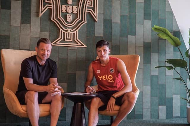 Sheffied United CEO Stephen Bettis with Anel Ahmedhodžić after the new signing joined up with his team mates in Portugal earlier this week. Picture: Sheffield United FC