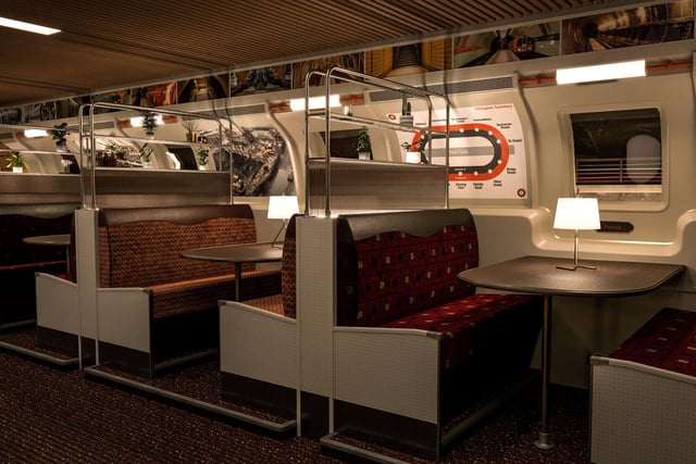 The booth seating is made up from subway seats complete with the inner and outer circle maps walls and small windows.