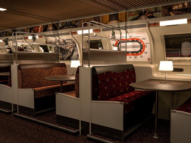 The booth seating is made up from subway seats complete with the inner and outer circle maps walls and small windows.