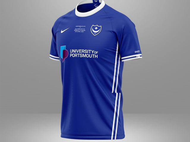 Again a more contemporary look to this design with a double white strip down the side - and a round neck like the Asics kit Pompey wore in the mid 90s.