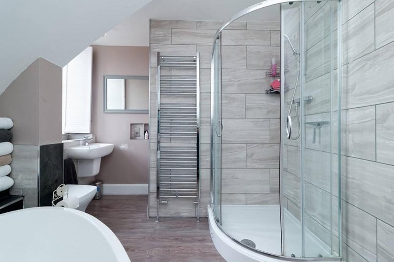 Family bathroom has been thoughtfully considered, with a large walk-in shower as well as a stunning bath to soak away those aches and pains.
