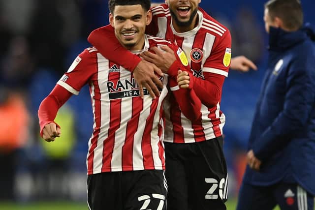 Morgan Gibbs-White of Sheffield United and Wolves and Jayden Bogle: Ashley Crowden / Sportimage