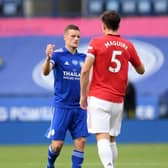 Leicester City's Jamie Vardy shakes hands with Manchester United's Harry Maguire during the Premier League match at the King Power Stadium, Leicester. PA Photo.