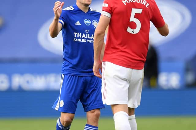 Leicester City's Jamie Vardy shakes hands with Manchester United's Harry Maguire during the Premier League match at the King Power Stadium, Leicester. PA Photo.