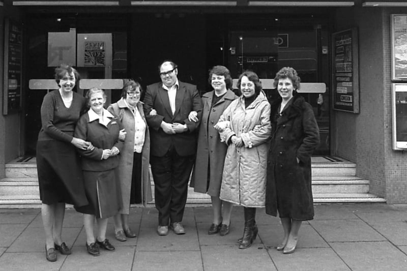 Two families had plenty of members on the staff of the Odeon in 1981. Pictured are (left to right): Rose Ramsay, Jessie Patterson, Valerie Souter, Billy Souter, Brenda Defty, Ann Wilson  and Irene Cryan.
