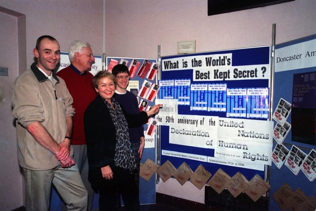 At Doncaster Library in 1998 with a display for the local branch of Amnesty International, from the left Martin Boyd, secretary, Brian Bewley past chairman, Rosie Winterton MP and Ann Boyd Chairperson