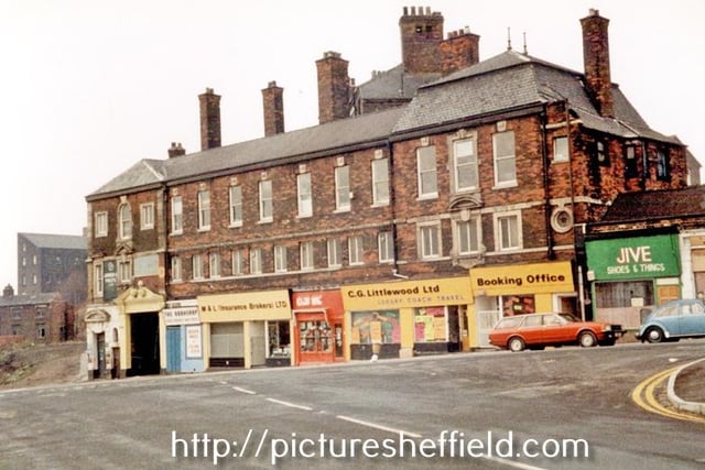 Nos. 87 - 101 Spital Hill, former Spital Hill Works. Premises include No. 95 M. and L. (Insurance Brokers) Ltd. and No. 101 C. G. Littlewood Ltd., motor coach proprietor 1983