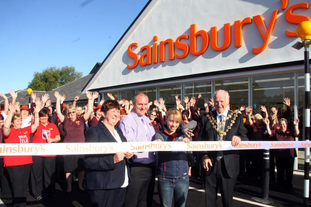 Reopening of Sainsbury's, Chesterfiel in 2011 L-R, Mayoress of Chesterfield, Jean Barr, Store Manager, Darren Bateman, Olympic hopefull, Sophie Wells, The Mayor of Chesterfield, Peter Barr