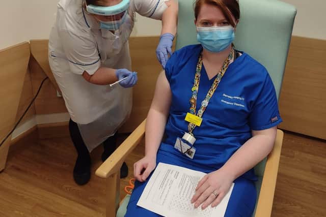 Award-winning Barnsley Hospital staff nurse Bryony Lazenby, pictured getting her Covid jab
