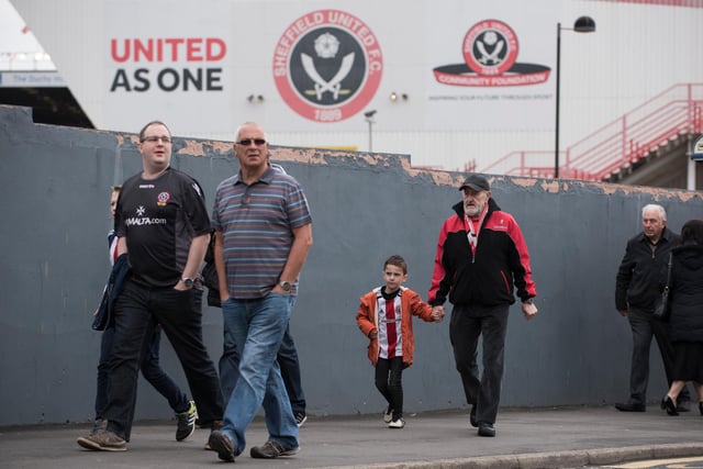 United fans walk to Bramall Lane for the Sky Bet League One match against Bradford City in April 2017.
