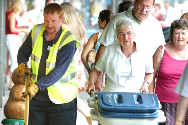 Sheffield City Council leader Coun Jan Wilson out with Streetforce cleaner Stephen Brentnall in 2006, cleaning in Broomhill shopping centre