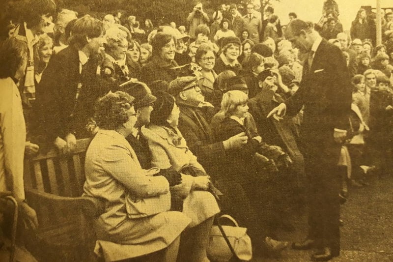 Prince Phillip in Kirkcaldy's Town Square, chatting to crowds of onlookers in 1976