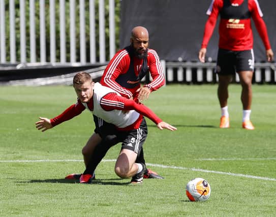 Jack O'Connell and David McGoldrick of Sheffield United during a contact training session ahead of the Premier League's return to action: Simon Bellis/Sportimage