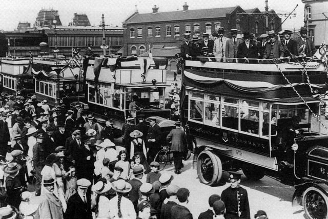 Portsmouth's first motor buses arriving outside Portsmouth Town Hall in July 1919.