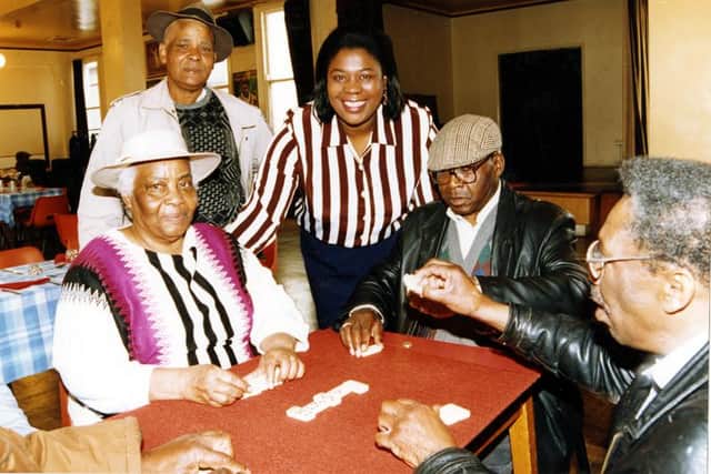 Game of dominoes at the launch of the third phase of an appeal to complete a Day Care Service for the Elderly and Disabled People, African Caribbean Enterprise Centre, Wicker - June 1996.