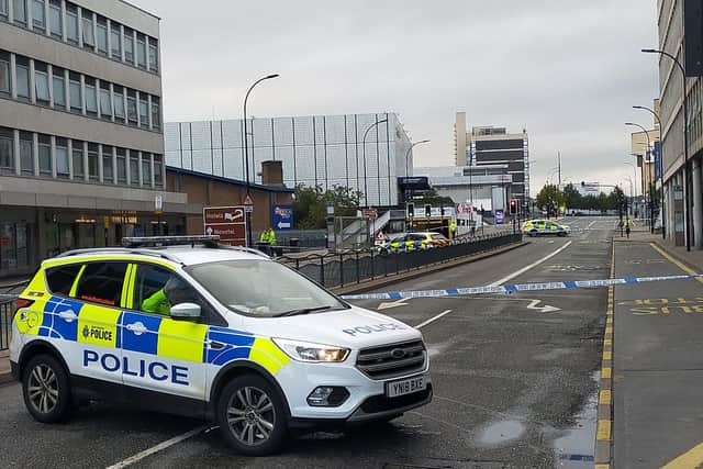 Arundel Gate in Sheffield city centre is sealed off this morning following a stabbing (Photo: Alastair Ulke)
