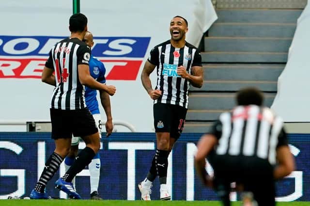 Newcastle United's English striker Callum Wilson (C) celebrates scoring their second goal during the English Premier League football match between Newcastle United and Everton at St James' Park in Newcastle-upon-Tyne, north east England on November 1, 2020.