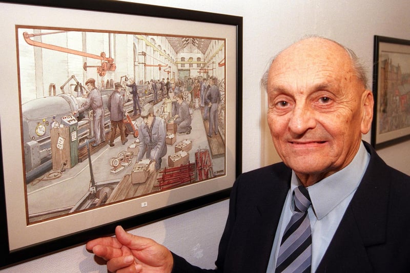 A exhibition of illustrations featuring Doncaster's former Plant Works was on display at Doncaster Museum and Art Galleryin 1999. The artist is former Plant draughtsman Noel Sharpe. Our picture shows another former Plant worker Arthur Shaw, aged 72, of Bessacarr, who was employed at the railway works from 1941-1986.