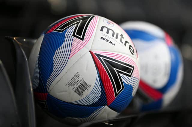 DERBY, ENGLAND - NOVEMBER 07: A detailed view of the Mitre Delta Max ball is seen prior to the Sky Bet Championship match between Derby County and Barnsley at Pride Park Stadium on November 07, 2020 in Derby, England.