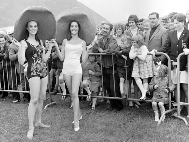 Carol Letheridge and Lesley Brown take part in a mannequin parade at the Miners Gala Day in Holyrood Park, Edinburgh, in 1968