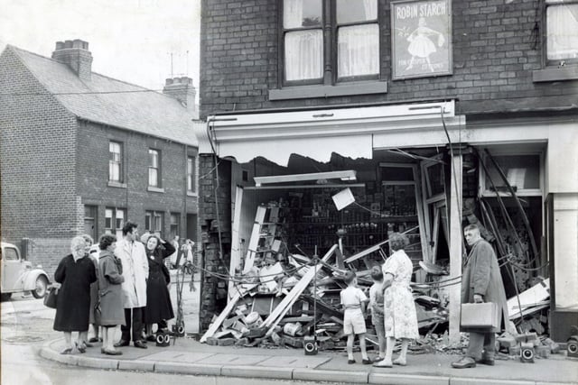 Mrs Margaret Brooks' shop in Penistone Road was just one of many that was hit by passing lorries in a period of five months.  This was the scene on August 22, 1961