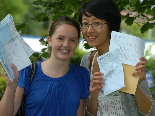 A level results day 2007 at Silverdale School, Sheffield. Jennifer Pringle and Catherine Zhu celebrate their results