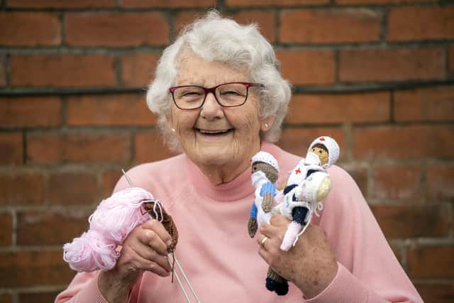 90 year old Joyce Bellamy from Pontefract who is knitting dolls for St John's Ambulance. Picture Scott Merrylees