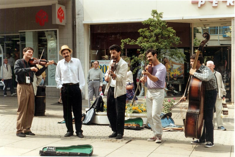Musicians entertaining in Fargate during the World Student Games, Cultural Festival, July 1997