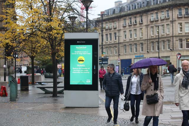 A coronavirus advice sign in Sheffield city centre, as South Yorkshire is the latest region to be placed into Tier 3 coronavirus restrictions, which will come into effect on Saturday.