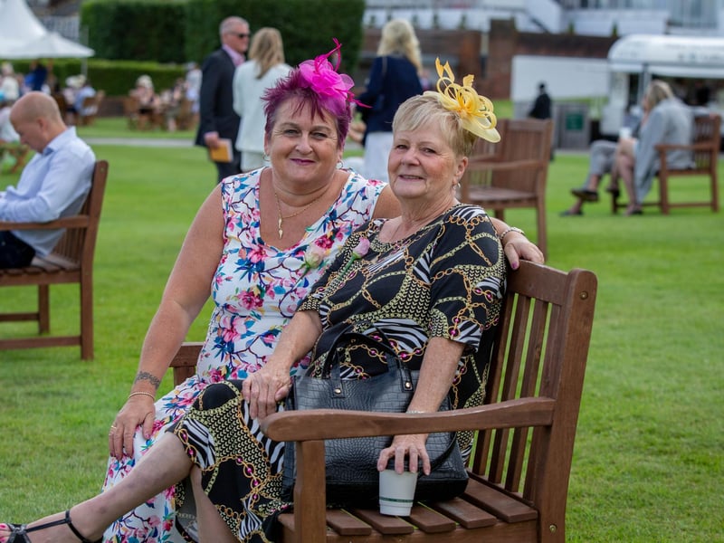 Ladies Day at Qatar Goodwood Festival, Goodwood on 29th July 2021
Pictured:  Teresa Hills and Sylvia Marks from Gosport 
Picture: Habibur Rahman