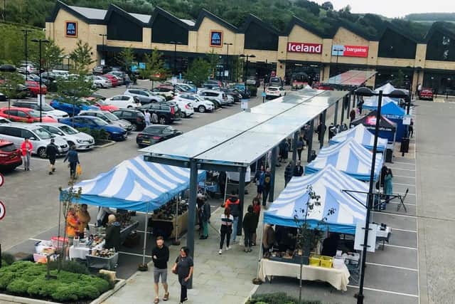 Outdoor market stalls at Fox Valley shopping centre in Stocksbridge