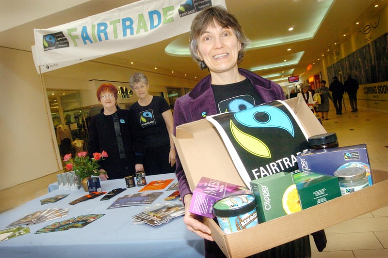 Rowan Burn-Murdoch (front) with fellow committee members of The Doncaster Fairtrade Campaign at their stall in the Frenchgate centre. Back L-R Jame Jones and Wilma Gibson in 2008